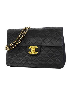 Chanel Shoulder Bag Big Quilted Lambskin Black Gold